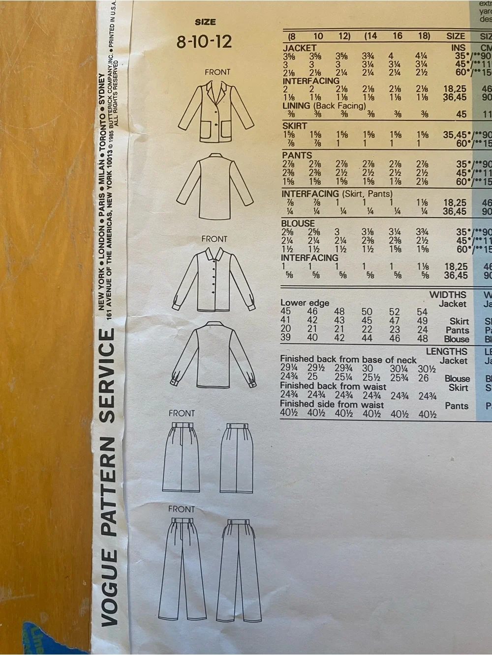 Vogue VINTAGE 1980'S Straight-Leg Pants Skirt blouse Jacket uncut sewing pattern